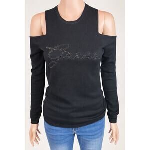 Black Cold Shoulder Long Sleeve Rhinestone Logo Top Women’s